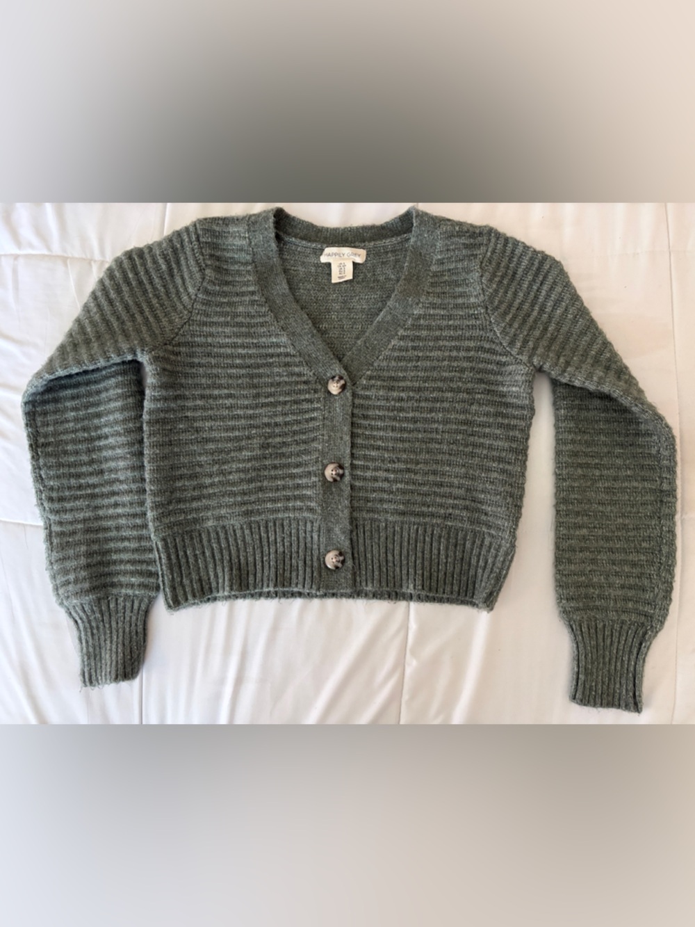 Cropped Cozy V-Neck Button Cardigan Sweater - Olive Green